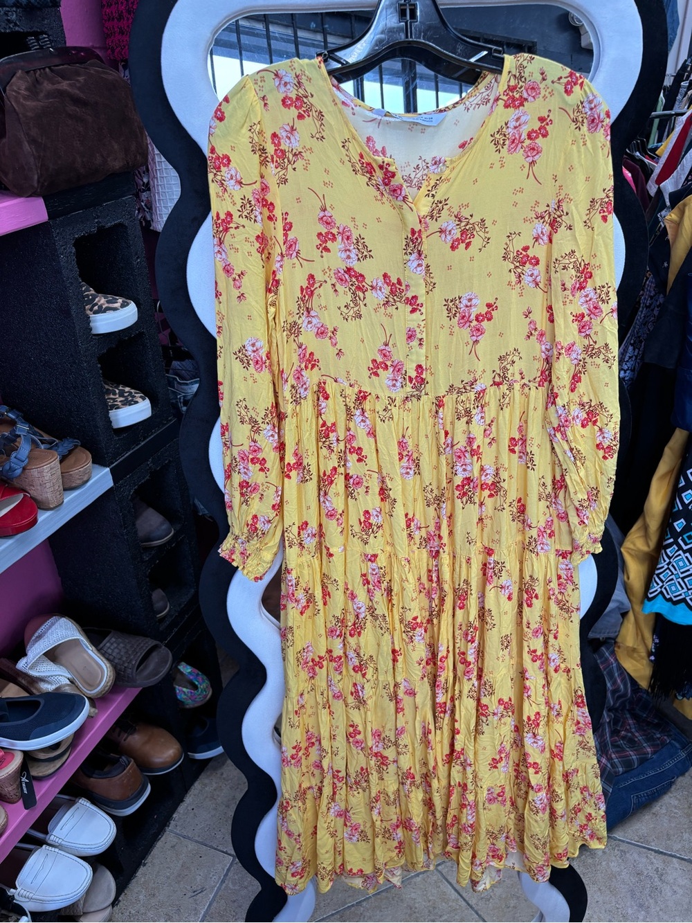 Zara Yellow Floral Midi Dress with Pink & Red Blossoms
